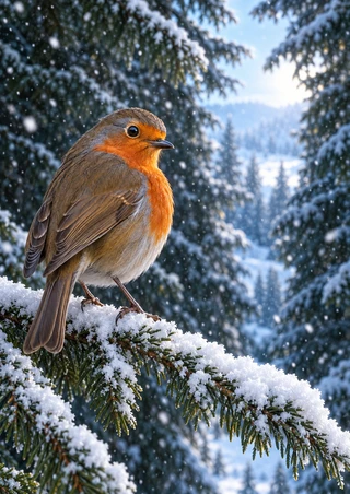 Orange-breasted robin-like bird perched on a snow-covered evergreen branch, with falling snow and a pale blue forest opening behind it.