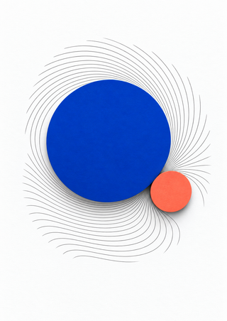 Large ultramarine circle touching a smaller coral disk, surrounded by fine curved charcoal lines on white.