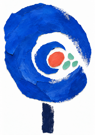 Large textured cobalt spiral surrounding a coral oval and three mint-green shapes, with a navy vertical mark below on white.