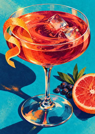 Oversized coupe glass with a ruby-orange cocktail, angular ice, curling citrus peel, berries, and a cropped grapefruit wheel against turquoise.
