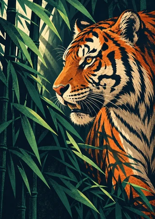 Orange-and-ivory tiger in left-facing profile emerging through green bamboo, with an amber eye and deep navy shadows.