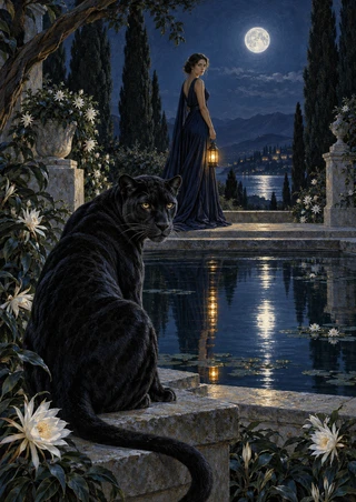 A woman with a glowing lantern stands beside a reflecting pool as a black panther watches beneath a full moon.