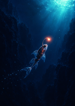 A small fish with a glowing red-orange lure swims upward through dark blue water toward turquoise light.