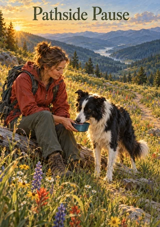 Adult woman in a rust-red jacket offering a blue bowl to a black-and-white dog among meadow flowers, with mountains at sunset and the title “Pathside Pause.”