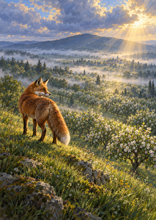 Russet fox looking back from a grassy ridge above a misty flowering orchard as golden sunbeams break through clouds.
