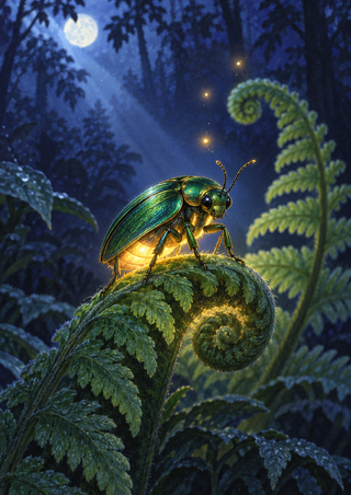 Glowing green beetle perched on a curled fern in a blue-violet woodland beneath a moon, with three small lights above it.