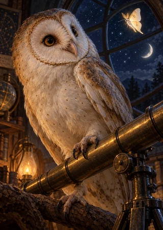 Pale barn owl beside a diagonal brass telescope, looking toward a bright moth against a starry window and crescent moon.