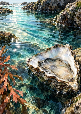 Pale open oyster shell in turquoise tidepool water, framed by rocks and reddish-brown seaweed.