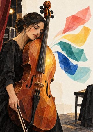 Adult woman cellist leaning toward a wooden cello, with five colorful translucent shapes floating to the right.