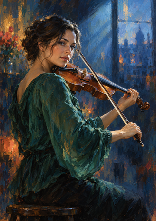 Adult violinist in a jade-green blouse turns toward the viewer while playing against a blue-lit window background.