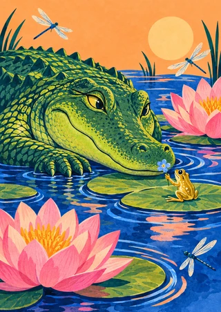 Green crocodile and golden frog beside a blue flower on a lily pad, surrounded by pink lotus blooms in cobalt water.