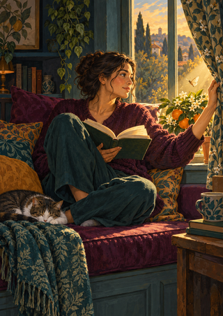 Adult reader with an open book turns toward a moth near a sunlit orange blossom; a cat sleeps on the plum window seat.