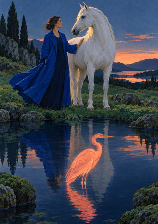Woman in a cobalt coat beside a white horse at dusk, with a luminous coral heron shape among their reflections in a dark pool.