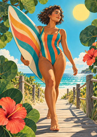 Illustration of a woman carrying a striped surfboard along a tropical boardwalk toward the sea, framed by hibiscus and leafy branches.