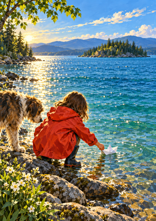 Child in a red-orange raincoat lowering a white paper boat into a lake beside a shaggy dog, with a wooded island and distant hills.
