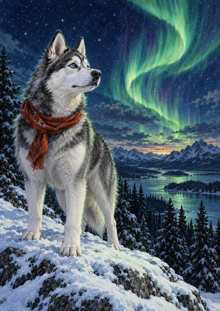 Grey-and-white husky in a rust-red scarf standing on snow beneath a green aurora, with dark firs and distant mountains.