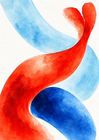 Abstract vermilion ribbon-like shape curling across a pale cyan arc above a deep ultramarine pool on a warm white ground.