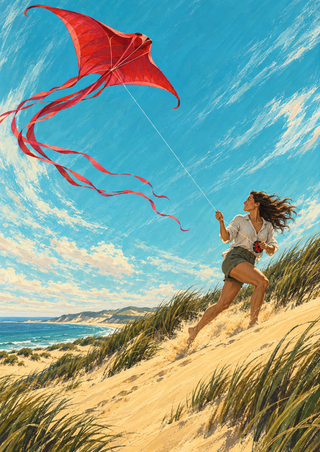Adult woman running across a coastal dune beneath a large red manta-shaped kite, with dune grasses and sea below.