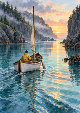 A seated fisher in a yellow jacket rides in a small wooden boat toward a sunrise opening between steep cliffs, reflected in turquoise harbor water.