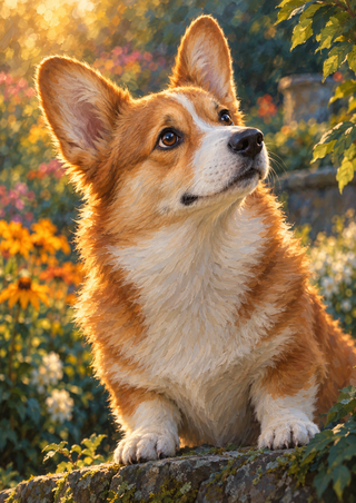 Russet-and-cream corgi with upright ears seated on a garden stone against softly blurred green foliage and warm flowers.