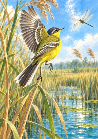 Yellow and olive wagtail perched with wings spread on a reed as a dragonfly flies nearby above marsh water.