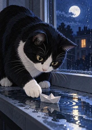 Black-and-white tuxedo cat reaching toward a folded paper boat in a puddle on a rainy, moonlit windowsill.