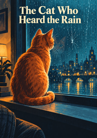 A ginger cat sits on a wide sill facing a rain-streaked window, with its face reflected beside a bright branching raindrop.