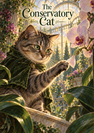 A tabby cat in a dark green capelet reaches toward a dangling pink orchid petal in a sunlit greenhouse, with the title The Conservatory Cat above.
