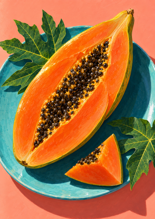 Lengthwise-open orange papaya with dark seeds, a separate wedge and green leaves on a turquoise plate against a coral background.