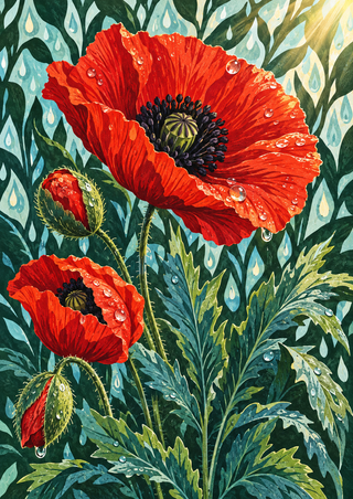 Red poppies and a bud among dense blue-green foliage with bright rain droplets.