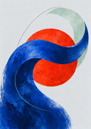 Ultramarine wave-like ribbon crossing a vermilion disk and pale mint crescent on a light gray background, traced by a fine arc.