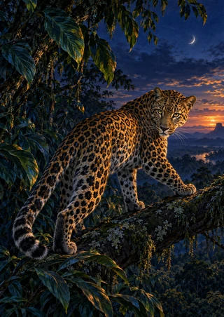 Spotted leopard-like cat standing on a branch at dusk, framed by jungle leaves, with a crescent moon and sunset horizon.