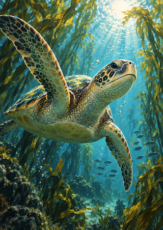 Patterned sea turtle swimming diagonally upward through sunlit turquoise water, with kelp, bubbles, small fish, and bright surface light.