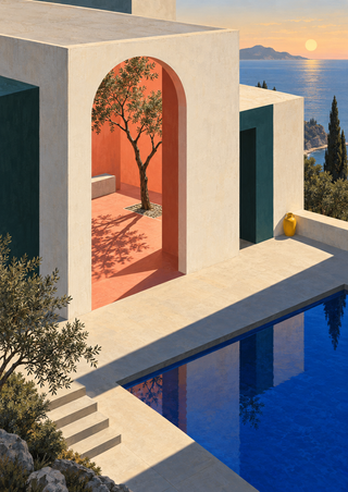 Pale geometric pavilion with an arched coral courtyard, slender tree, blue reflecting pool, and distant coast.