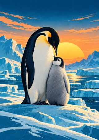 Adult emperor penguin bending toward a gray chick on blue ice beneath a golden sunrise, with distant mountains and streaked clouds.