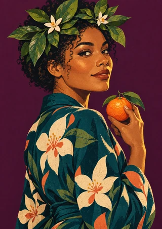 Portrait illustration of a woman in a teal floral garment holding an orange beneath a leafy crown with two pale blossoms.