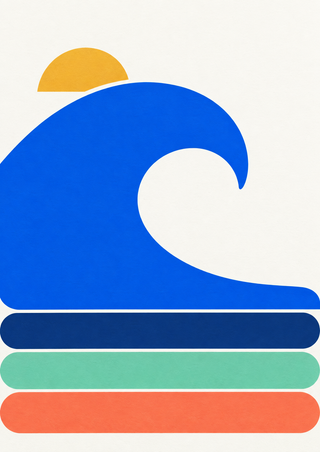 Minimalist graphic poster with a large cobalt wave curling around a white circular opening, a gold half-disc, and three colored bands below.