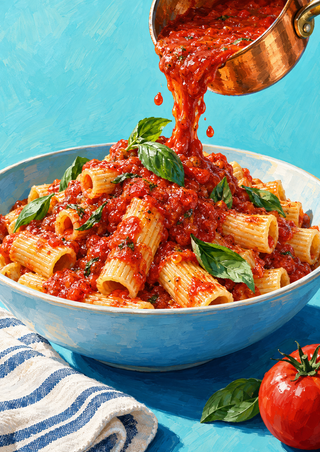Tomato sauce pouring from a copper saucepan onto rigatoni with basil in a pale-blue bowl against turquoise.