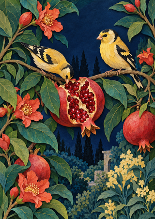 Two golden finches perch around an open red pomegranate amid green leaves and coral-colored flowers.