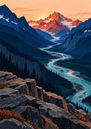 Teal river winding through a mountain valley toward a rust-red peak, framed by dark blue ridges and angular foreground rocks.