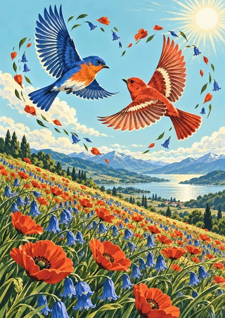 A blue-and-orange bird and a vermilion bird fly toward each other above a flower meadow, with mountains, water, and sun.
