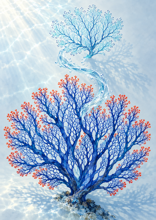 Two blue branching sea-fan-like forms linked by a curling ribbon of water, with red tips and rocks below.