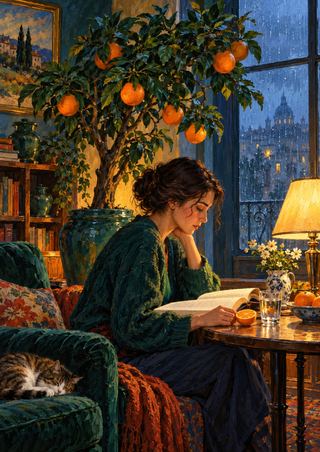 Adult woman reading an open book beside an indoor citrus tree, with rainy city window, glowing lamp, and sleeping cat.