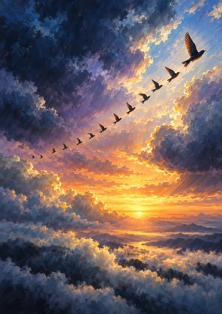Dark birds rise diagonally through a bright golden opening in layered indigo and violet storm clouds above the horizon.