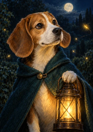A beagle in a dark teal cloak holds a glowing lantern and looks toward a small luminous insect beneath the moon.