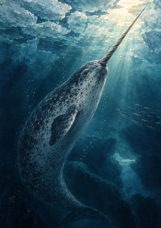 Narwhal with a long spiral tusk rising beneath fractured ice as light enters the deep blue water and small fish swim nearby.