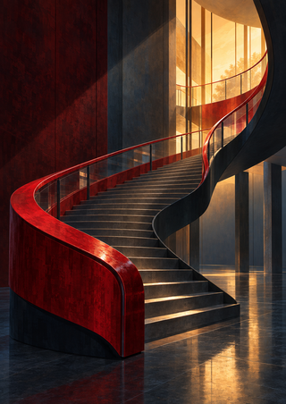 Sweeping red-accented staircase curving through a tall dark atrium toward a brightly lit upper landing.
