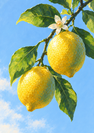 Two golden lemons and a white blossom hang from a leafy dark branch against blue sky.