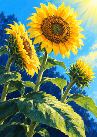 Three yellow sunflower heads at different orientations rise on thick green stems against a vivid blue sky and bright yellow light.