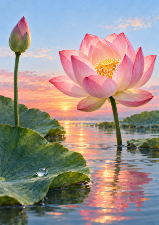 Open pink lotus above reflective pond water, with an upright bud, broad green leaves, a water droplet and coral sunset reflection.
